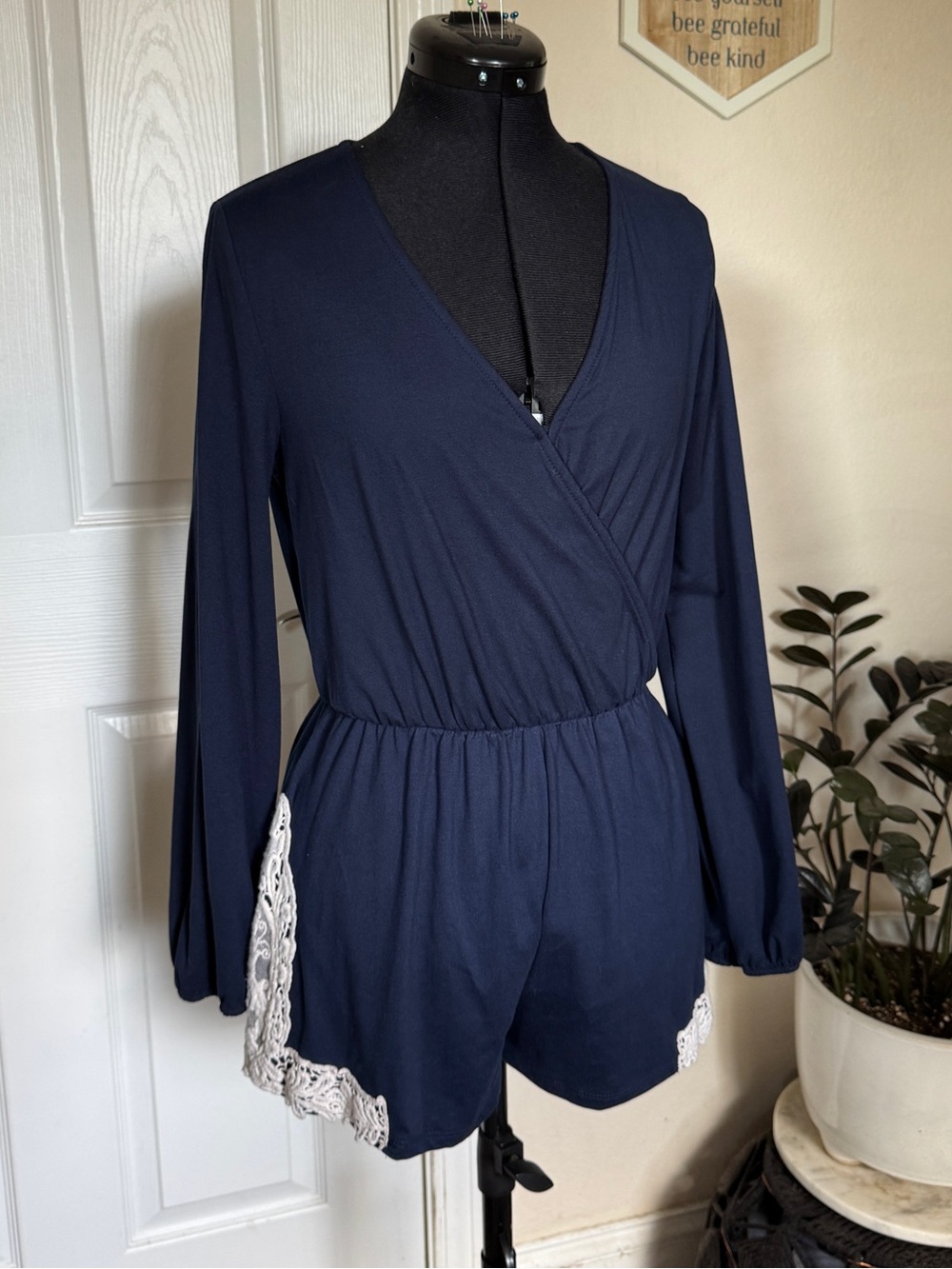 Altar'd State Navy Blue Long-Sleeve Wrap Romper
